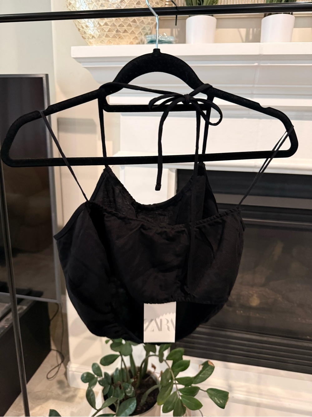 ZARA Black Satin Bandeau Crop Top with Tie Straps